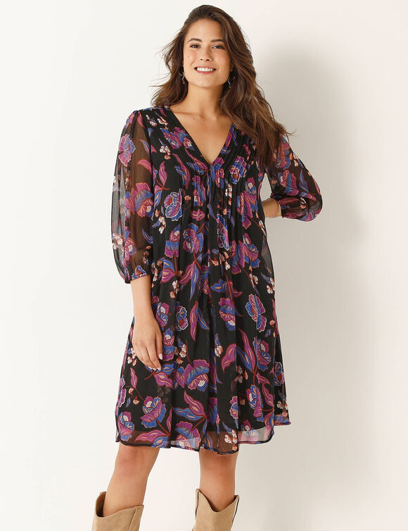 Robe à plis, voile imprimé fleuri (noir / violet) Robe à plis, voile imprimé fleuri (noir / violet)